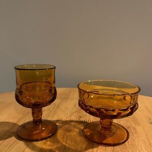 Vintage Indiana Glass Kings Crown Amber Goblet And Candy Dish